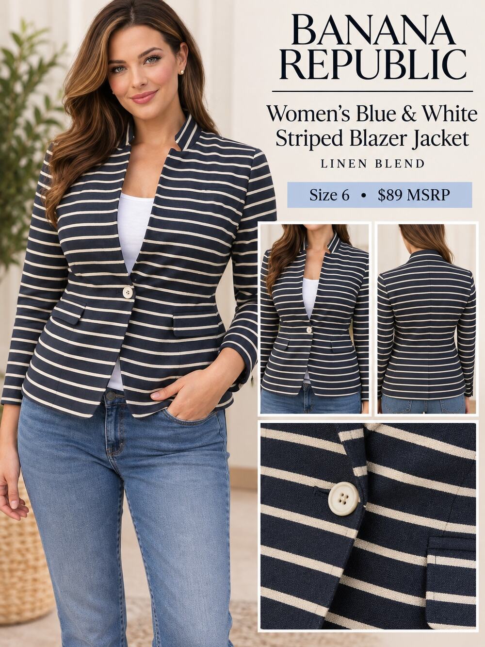 Banana Republic $89 Blue & White Striped White Blazer Jacket Linen Blend Size 6